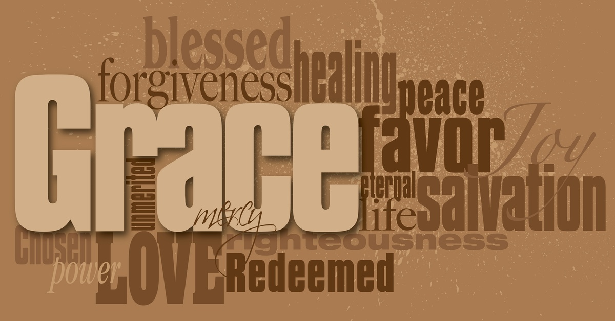A montage of words associated with Christianity, including "grace," "forgiveness," "peace," "blessed," and "salvation."