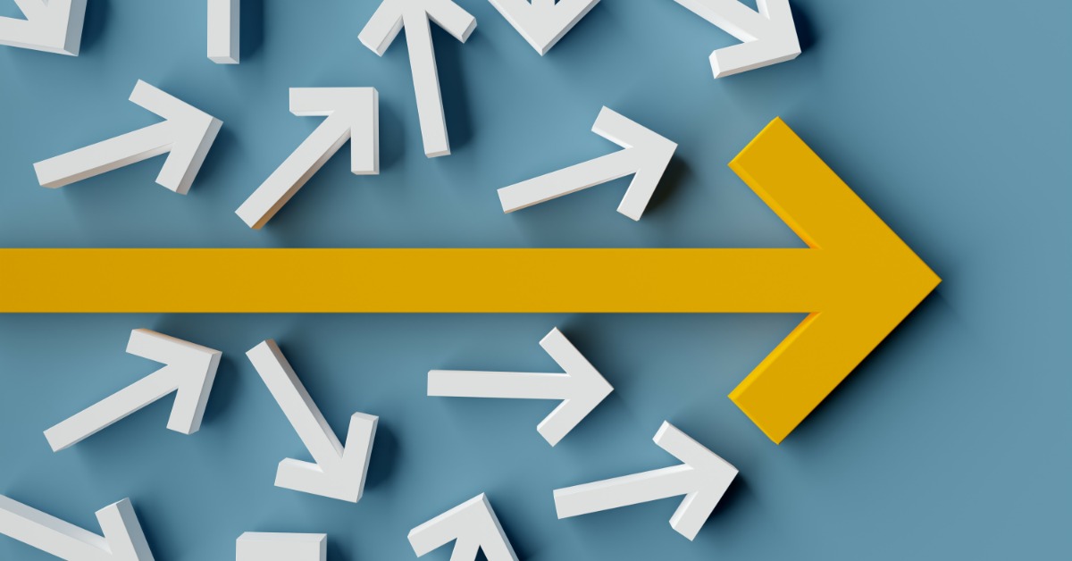 A yellow arrow shoots across a blue background, pointing to the right. Smaller white arrows point in various directions.