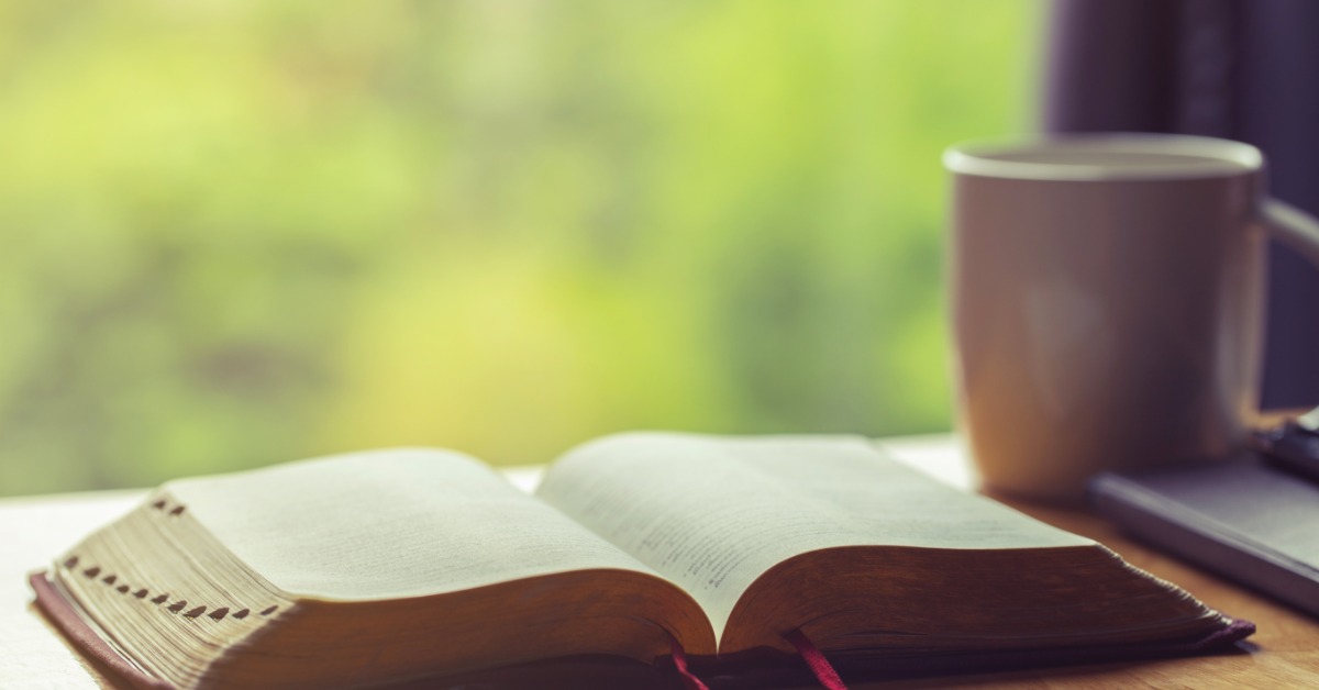 A book lies open on a table next to a mug. The book has two ribbon bookmarks, and some page edges have cut-out notches.