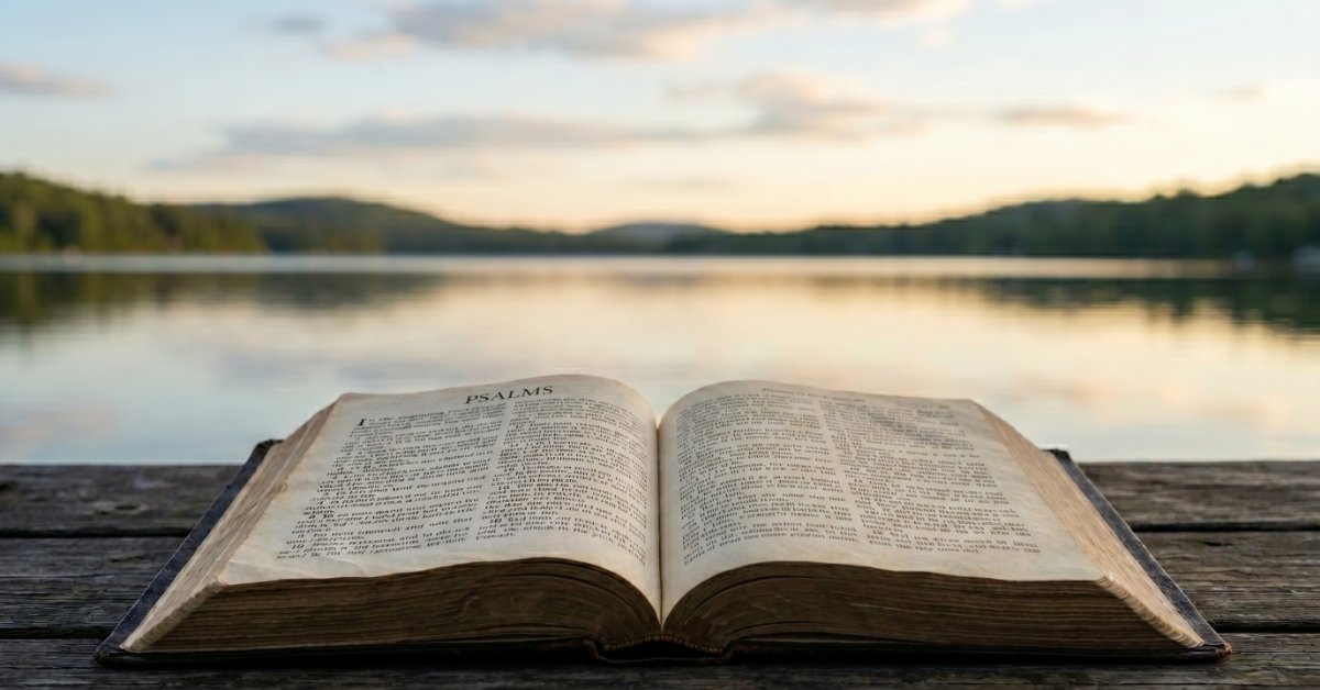 What Does It Mean That Scripture Is Inspired? A Bible open to the book of Psalms rests on wooden planks before a calm lake, a forested shore, and a pale sunset sky.