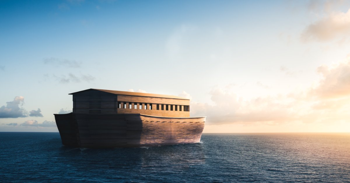 8 of the Most Important Events in the Bible A large wooden ark floats on calm blue water beneath a wide sky. Warm sunlight breaks through clouds near the horizon.